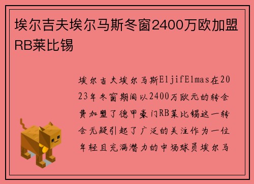 埃尔吉夫埃尔马斯冬窗2400万欧加盟RB莱比锡